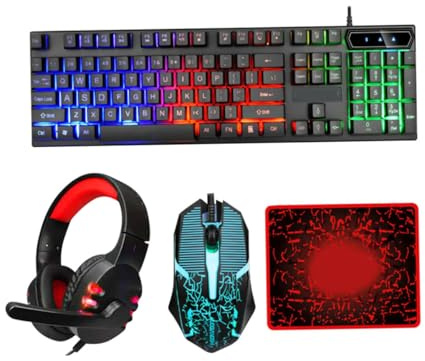 PRETYZOOM Keyboard Mouse Combo Backlit Wired Abs Gaming Keyboard Mouse Headset and Mousepad with High Performance Great Reliability Stylish Design for Office and Gaming Use in Black