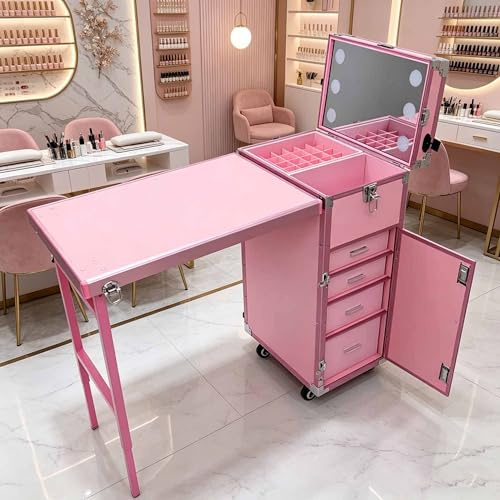 Rolling Manicure Table for Nail Teach, Beauty Salon Nail Workstation, Dressing Table with 4 Wheels & Drawers, Cosmetic Trolley w/Mirror, Makeup Train Case(Pink)