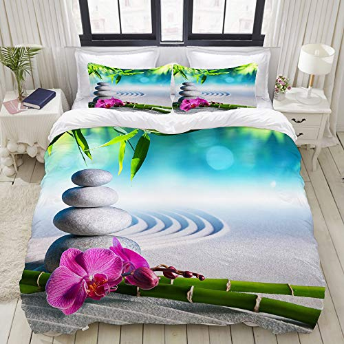 MOBEITI Bettwäsche-Set,Sand-Orchideen-und Massage-Steine in Zen Garden Sunny Day Meditation Yoga,Dekoratives 3-teiliges Bettwäscheset mit 2 Kissenbezügen,Einzelgröße(135 x 200cm)