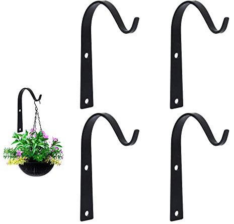 Kungfu Mall 4 soportes de cesta de hierro, gancho de montaje en pared negro para colgar macetas, linternas, comedero de pájaros (11 cm x 7,8 cm, 3 mm de grosor)