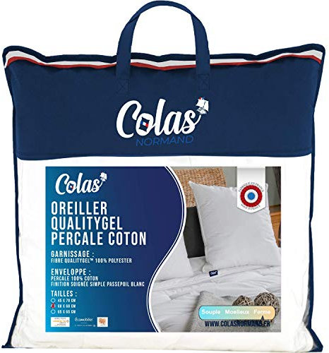 COLAS NORMAND - Oreiller QualityGel Percale 100% Coton - Ferme - 60x60cm - Soutien cervicale e - Qualité hôtel - Doux - Fabrication française - Blanc
