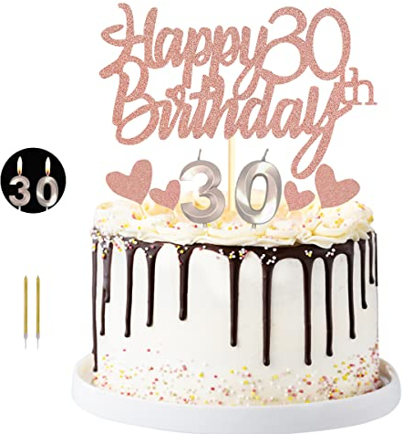 Sumerk Happy 30th Birthday Cake Topper with Number 30 Birthday Candles Heart Cupcake Toppers Cake Decorations Set for 30th Birthday Anniversary - Pack of 17