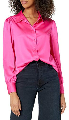 The Drop @lucyswhims Chemise Boutonnée Jusqu’en Bas pour Femme, Argenté, Manches Longues pour Femme, Rose Fuchsia, S
