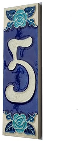 Numeri civici fosforescenti dipinti a mano in ceramica italiana numero e lettere piastrelle, Rose Design, piastrelle Dimensioni: 15cm x 5cm (numero 5)