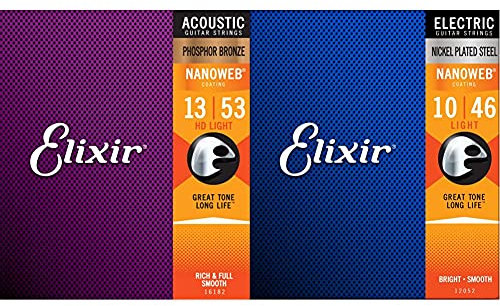 Cordes Elixir® en Phosphore Bronze pour guitare acoustique avec revêtement NANOWEB®, HD Light (.013-.053) & Cordes Elixir® pour guitare électrique avec revêtement NANOWEB®, Light (.010-.046)
