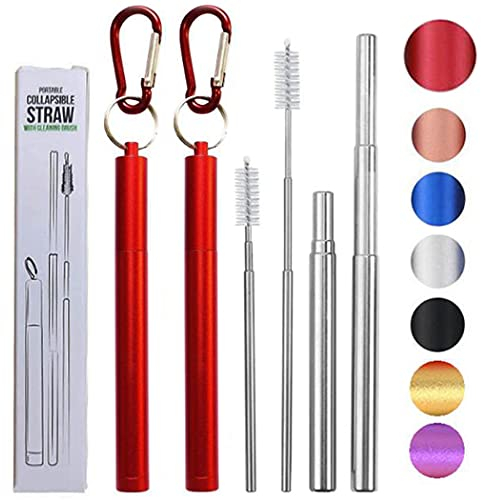 Hoshen Paille en métal pliable à trois sections réutilisable, paille télescopique portable, avec brosse et petit mousqueton (coque en alliage d'aluminium), rouge,2 pièces