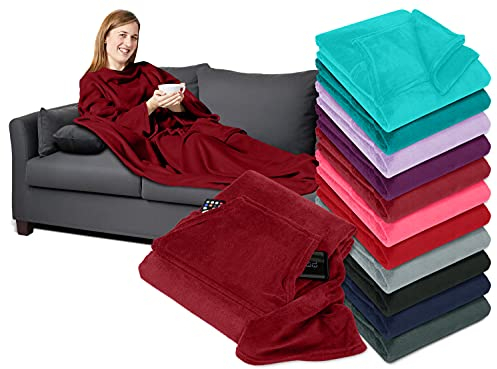 npluseins Decke mit Ärmeln Geschenke für Frauen und Männer 130x180 cm TV Deckenpullover Kuscheldecke das Original mit Ärmel & Bauchtasche 1448.2043, Burgund