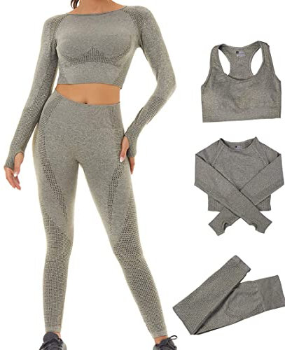 Conjunto Yoga 3 Piezas Ropa Fitness, Pantalones De Yoga Súper Elásticos Sin Costuras+Bralette para Mujer+Camiseta Deportiva De Manga Larga （Celadón, S）