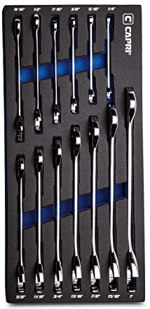 Capri Tools Angle Open End Wrench Set, 30° and 60° angles, 1/4 to 1 in. SAE, 13-Piece with Mechanic' Tray