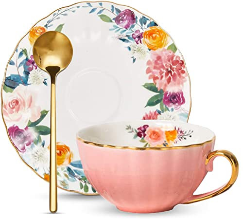 ONEUSTAR Tea Cup and Saucer Set for 1 Bone China English Tea Cup with Spoon Floral Teacup 8 oz British Coffee Latte Mug for Mother's Day Gifts, Pink