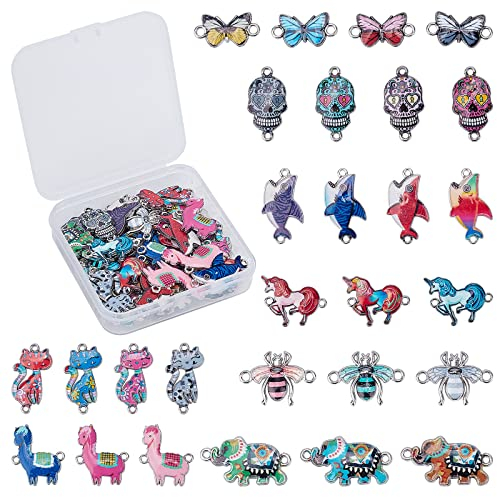 SUNNYCLUE 1 Box 48Stück 8Stile Tiere Emaille Links Verbinder Bunt Bedruckt Schmetterling Hai Einhorn Biene Schädel Katze Legierung Verbinder Für Die Schmuckherstellung Charm Halskette Ohrring Zubehör