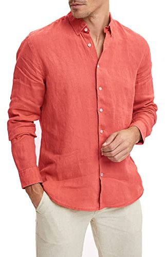 Evoga Camicia in Lino Uomo Sartoriale Casual Elegante Primavera Estate (L, Rosso Mattone)