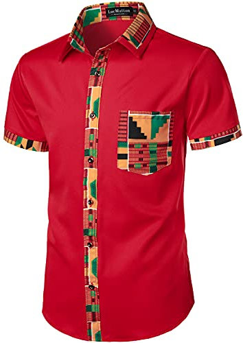 LucMatton Chemise boutonnée à manches courtes pour homme Motif léopard, Rouge, M