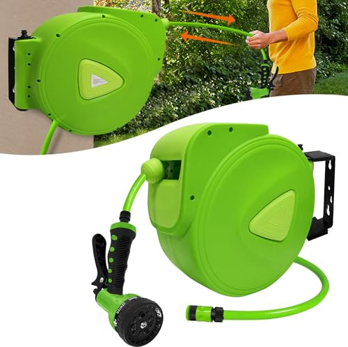 Aufun Carrete de manguera Retráctil 20m + 2m automático con Ducha de mano, Soporte de pared Múltiple con asa de Transporte para jardín, riego, lavado de autos (Verde,20M)