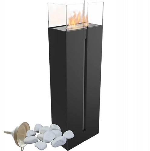 KRATKI Romeo Cheminée Bio Ethanol + Galets + Récipient Bio Entonnoir Autoportant 0.5 l l TÜV Certifié Acier Recouvert de Poudre 4 Panneaux de Verre Acier Broyé Noir 35 x 113 cm