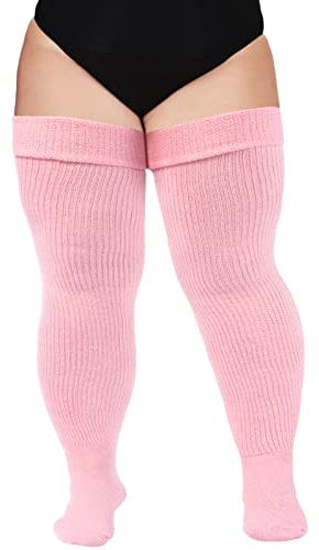 Moon Wood Women Plus Size Thigh High Socks Extra Long Striped Thick Over the Knee Socks Leg Warmer Boot Stockings Baby Pink