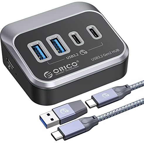 ORICO Hub USB C, Divisor USB C de 10 Gbps, Adaptador USB 3.2 Gen 2 de 4 Puertos, Extensión Múltiple del Hub ABS con 0.5m Cable para computadoras de Escritorio, computadoras portátiles