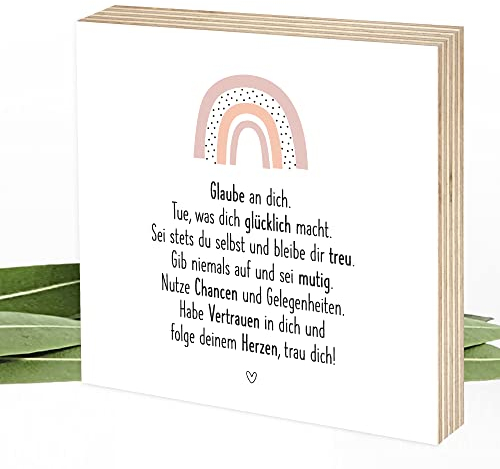 Wunderpixel® Holzbild Glaube an dich - mit Regenbogen - 15x15x2cm zum Hinstellen/Aufhängen, echter Fotodruck mit Spruch auf Holz - Wand-Bild Aufsteller Zuhause Dekoration Geschenk-Idee