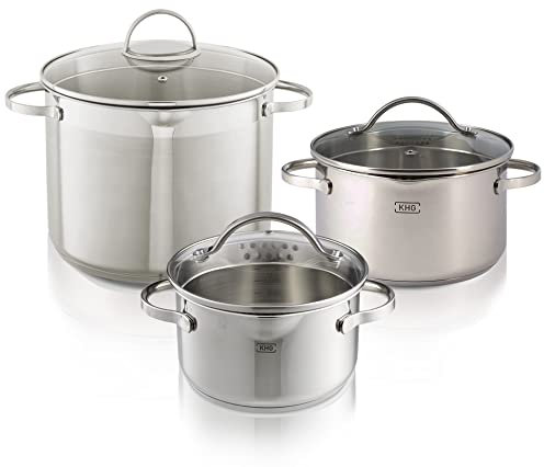 KHG 3er Set Kochtopf Suppentopf Soßentopf aus rostfreiem Edelstahl Induktion | 3-teilig 16 cm 20 cm 26 cm Ø | Glasdeckel mit Sieb, Innenskala, Ausguss