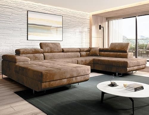 Moderno Ecksofa mit Schlaffunktion und Bettkasten VARBERG - Sofa mit Robusten Überzug - Schlafcouch U-Form - Modern Couch - 72x345x205 cm - Rechts Beige