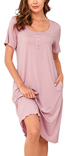 Vlazom Women's Nightdress, Ladies Soft Nighties U-Neck Nightshirts Short Sleeve Sleep Dress Nightgown Sleepwear,C-Rose Pink, XXL