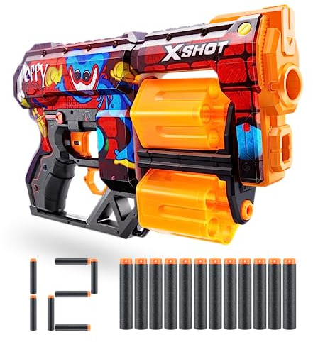 X-Shot Skins Dread Blaster - Poppy Playtime (Toony) von ZURU mit 12 Darts, drehbarem Doppellauf, Air Pocket Dart Technologie, Spielzeug-Schaumstoffblaster für Kinder, Jugendliche und Erwachsene