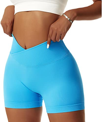 Vertvie Damen Gym Shorts V Cross Stretch Push Up Yoga Shorts Booty Scrunch Fitness Hosen Kurz High Waist Nahtlos Workout Sportshorts Butt Lift Kurze Leggings Sommer (Blau, M)