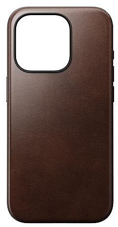 Nomad Modern Leather Case for iPhone 15 Pro Case Horween Leather Compatible with MagSafe Wireless Charging Case, 360° Raised Edges TPE Bumper & Drop Protection - Rustic Brown