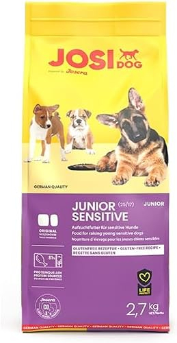 JosiDog Junior Sensitive (3 x 2,7 kg) | Junior | Premium Trockenfutter für wachsende, Sensible Hunde | Welpenfutter ab der 8. Woche | gut verträglich | Powered by JOSERA | Hundefutter | 3er Pack