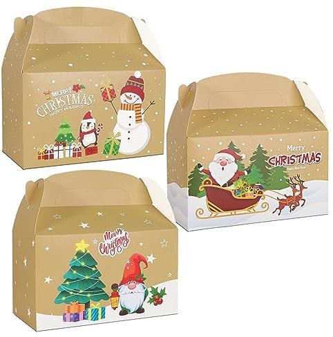 12 Stück Weihnachten Party Geschenkboxen Schachtel Süßigkeiten Karton mit Henkel Pappe Geschenkschachtel Xmas Keksschachtel Deko für Gebäcke Kekse Mitgebsel Weihnachtsbaum Geschenke (Braun)