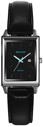 JewelryWe Uhren Damen Leder Rechteckig - Elegant Datum Kalender Analog Quarz Armbanduhr Frauen Lässige Uhr mit Rechteckigem Zifferblatt und Schwarz Leder Armband