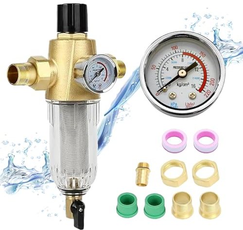 Rückspülfilter mit Druckminderer, Wasserfilter 1 Zoll Hausanschluss Wiederverwendbare Wasserfilter 1/2 Zoll Adapter Filteroberteil aus Messing Vorfilter Sedimentfilter Filterfeinheit 50 μm