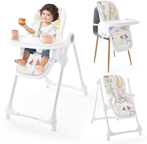 COSTWAY 3 in 1 Babyhochstuhl umwandelbar, klappbarer Hochstuhl mit Liegefunktion, 7-stufiger Höhen, verstellbarer Fußstütze & Rückenlehne, Kinderstuhl tragbar mit Rollen für 6-36 Monaten (Beige)