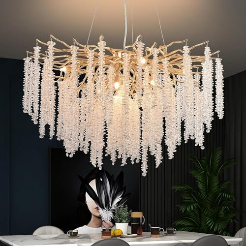 RRBEST Modern Kronleuchter Kristall,Luxus Kristall Pendelleuchte Gold Kronleuchter, Rund Kristall Hängeleuchte,Baumzweig Kristall-Kronleuchter für Wohnzimmer, Esszimmer,Schlafzimmer