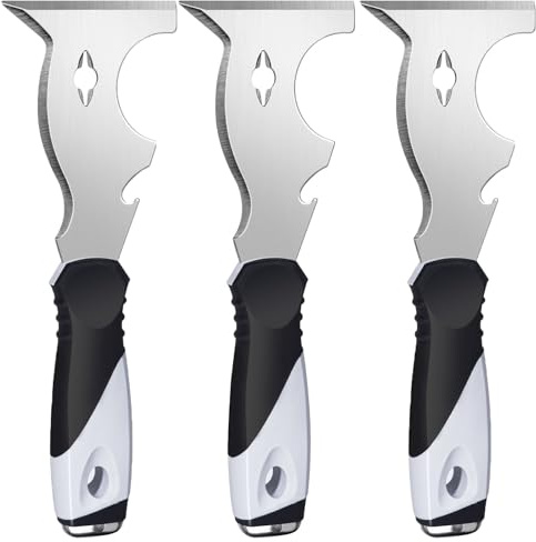 Mister Rui Paint Scraper, 3 Pack Multi Use Paint Tools Putty Knife 10 in 1, Paint Scraper Tools for Painting, Metal Scraper with Hammer End, Taping Knife, Spackle Tool