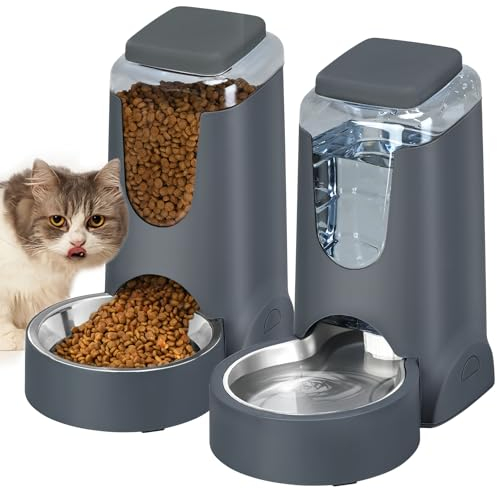 Comedero automático para gatos y perros y dispensador de agua con cuenco de acero inoxidable, alimentador de alimentos por gravedad y bebedero para mascotas pequeñas y medianas, cachorros, gatitos, 1