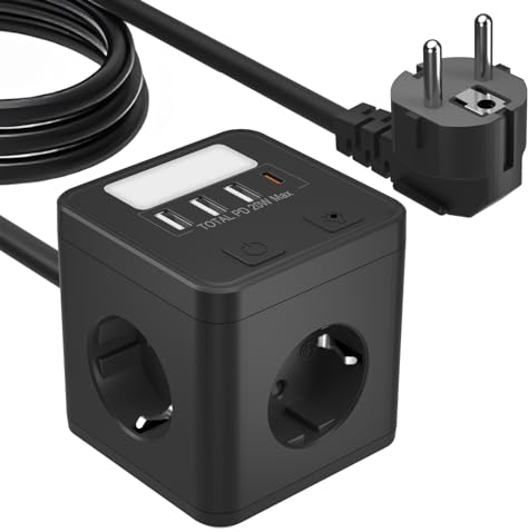 4Fach Steckdosenleiste mit USB C PD 20W, USB Steckdosenwürfel mit Nachtlicht, Mehrfachsteckdose Würfel mit Schalter, Mehrfachstecker Verteilersteckdose für Zuhause Büro, 1,5m Kabel Schwarz