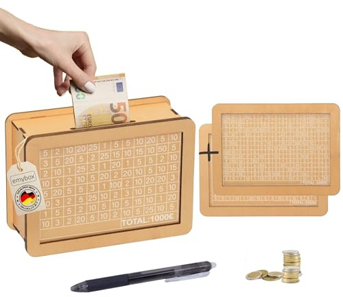 emybox Spardose aus Holz Sparbox [+ 3Ziele] Wiederverwendbar Spardose Erwachsene mit Zahlen zum Ankreuzen + Radierstift mit Ziel [1000€, 2000€, 3000€] 18x13x7cm Hellbraun