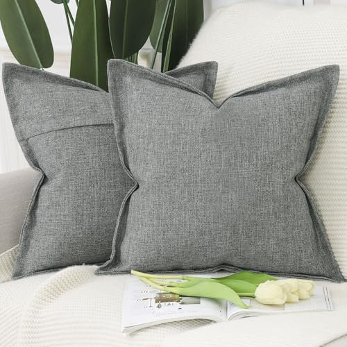 Madizz 2er Set Polyester Leinen Kissenbezügen mit breiter Kante Weiche dekorative Kissenbezüge für Sofa Schlafzimmer Kissenhülle Grau 50x50 cm Quadrat
