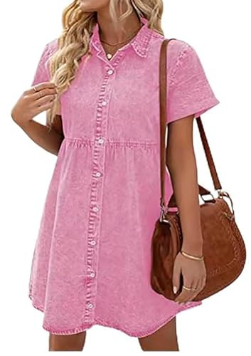 TANMESSO Damen Jeans-Babydoll-Hemdkleid, gestuft, kurze Ärmel, Knopfleiste, rose, 48