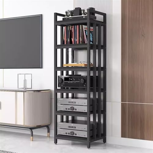 audio rack hifi regal 160cm Hoch AV-Medienregal mit Rutschfestem Fußpolster, 6 Ablageflächen Offenes Ende Stereo-Komponenten-Schrank für Aufnahmeraum/Heimkino/Schlafzimmerecke, Platzsparend(Black Fram