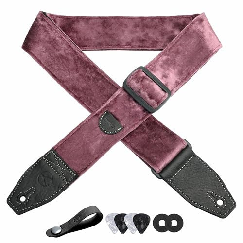 YIKOKO Tracolla per chitarra in velluto da 2 pollici, con estremità in pelle pieno fiore, per chitarre basse, elettriche e acustiche, bottone gratuito, 2 lucchetti e 4 plettri per chitarra, viola