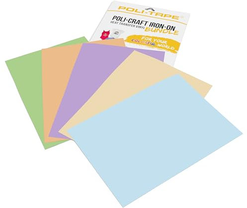 POLI-CRAFT IRON-ON BUNDLE PASTEL – 5 x POLI-FLEX® TURBO®, Turboschnelle Transferfolie für Textilien, Pastell (Beige, Violett, Light Apricot, Salbeigrün, Eisblau), 5 x A4 (21 cm x 29,7 cm)