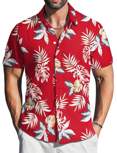 LETSEE Leinenhemden für Herren, kurzärmelig, Button-Down-Kleid, Freizeithemd, Strand, Sommer, Hochzeit, Hawaii-Outfit, P-Rotes Blumenmuster, 4X-Groß