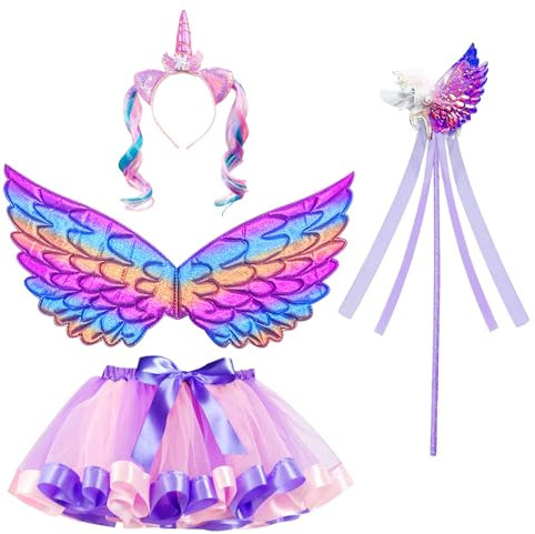 NebulaGlam Mädchen Einhorn Prinzessin Kleid, 4 Stück Lila Tutu Rock Mädchen mit Einhorn Stirnband Flügel Zauberstab, Einhorn Kostüm Mädchen für Halloween Weihnachten Karneval Geburtstag Party