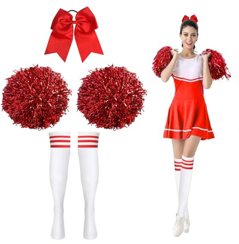 Cheerleader Pompons, 2 Stück Cheerleader Pompons mit Socken und Haargummi, Pompons Cheerleading Cheerleader Pompons mit Griffen Cheer Poms für Cheerleading Leistung Gymnastik (Rot)