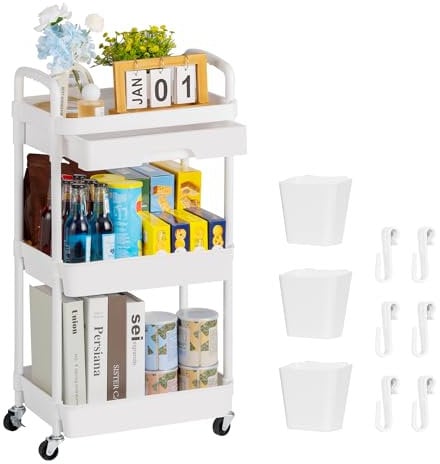 Bemece 3 Tier Trolley, Storage Trolley on Wheels with Drawers and Handles for Bedroom, Living Room, Kitchen and Bathroom (White)