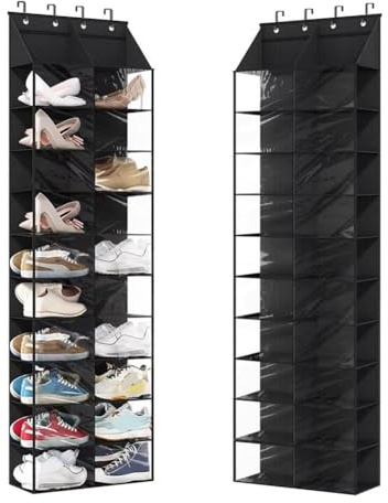Aptliton 10 Tier Oxford Fabric Over The Door Shoe Storage Shelves, 4 Metal Hook, Clear Shoe Organiser Hanging Shoe Rack Storage Holder With 20 Large Pockets, Black