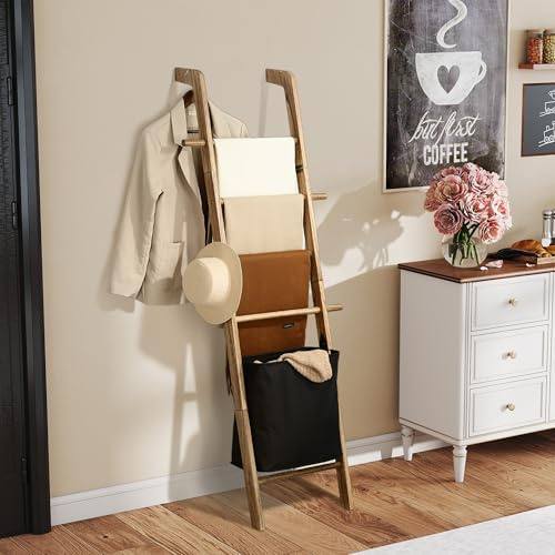 67-Inch Farmhouse Blanket Ladder, Rustic Wooden Display Ladder with Basket for Blankets, Quilts & Towels, Natural Grain, Sturdy Wall Leaning Decor and Storage Rack for Bedroom, Living Room and Nursery