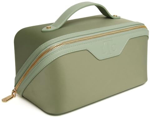 The London Train Case Co. Beauty Train Expandable Makeup Case, Vegan Leather, Two-Tone 24 x 12 x 12 cm (Sage)